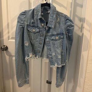 Cropped, puff sleeved denim jacket